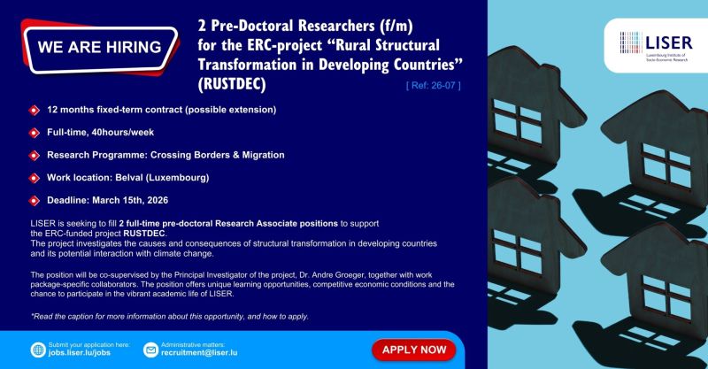 Economic Research (LISER) is Hiring 2 Pre-Doctoral Researchers
