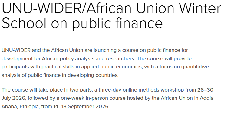 WIDER and African Union Winter School on Public Finance 2026 in Ethiopia: Applications Open for African Researchers and Policy Analysts