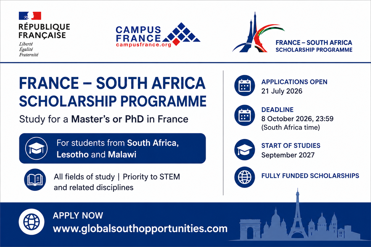 South Africa Scholarship Programme 2027 Opens Applications | Fully Funded Master’s and PhD Scholarships in France company logo